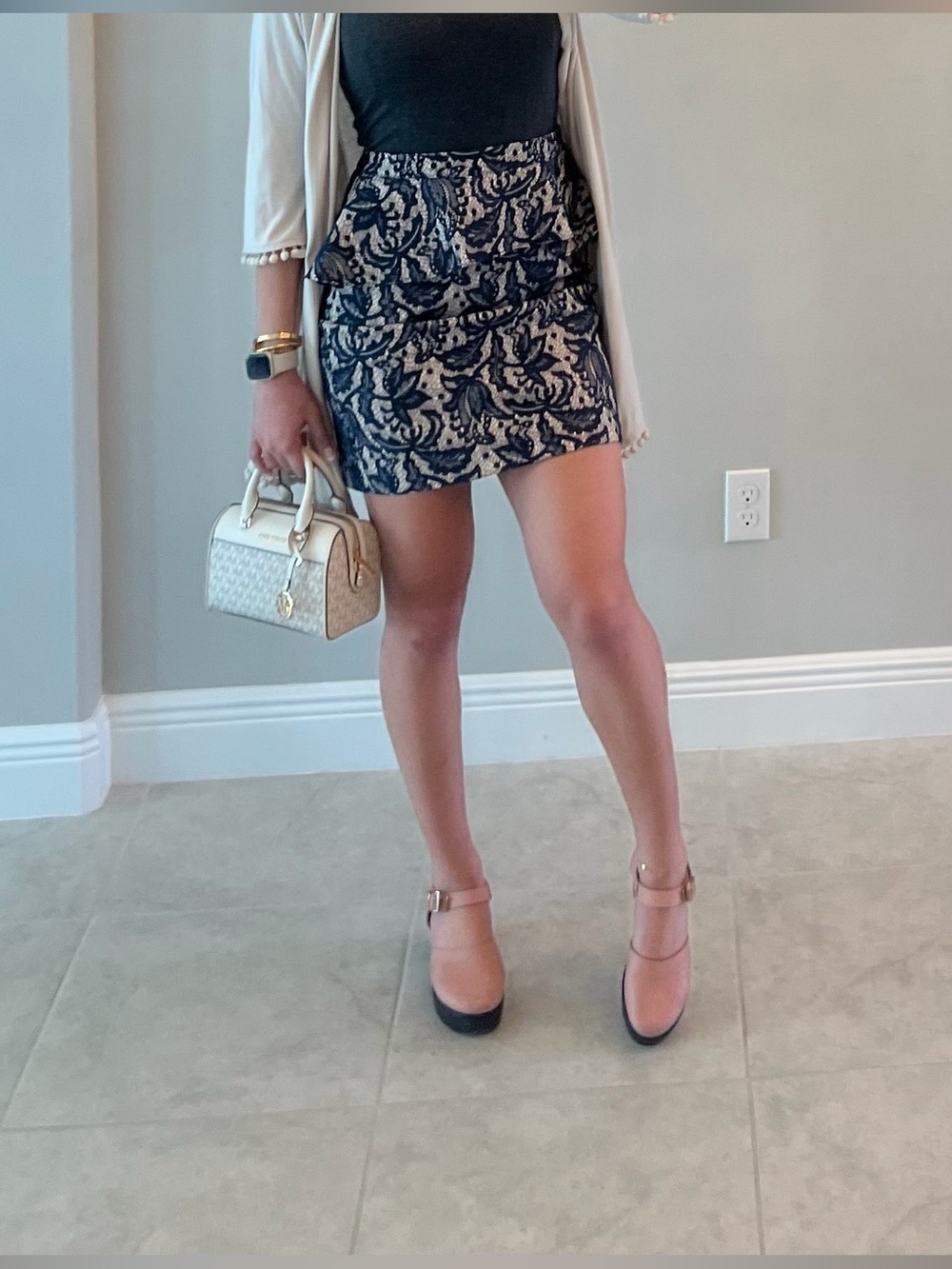 Navy and Cream Lace-Effect Ruffled Mini Skirt